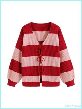 Women's Cropped Cardigan Striped Knit Tie Front Balloon Sleeve 100% Acrylic